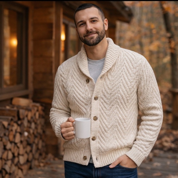 Goodfellow Shawl Cardigan Sweater Mens Large Cream Chunky Knit Button NWOT - Picture 2 of 7